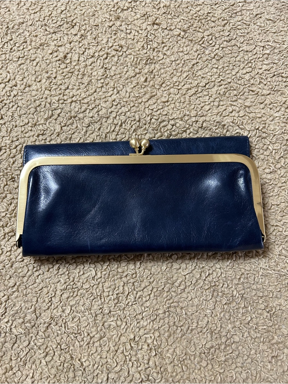 New HOBO Navy Leather Kiss-Lock Wallet Racheal with Gold Frame